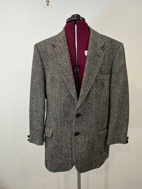 Vintage Wool Tweed Gray Blazer Sports Casual Coat Herringbone Print 42S